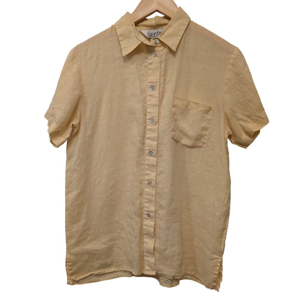 Vintage Carlie's Court Button Front Collared Top Shirt 100% Linen Yellow Natural